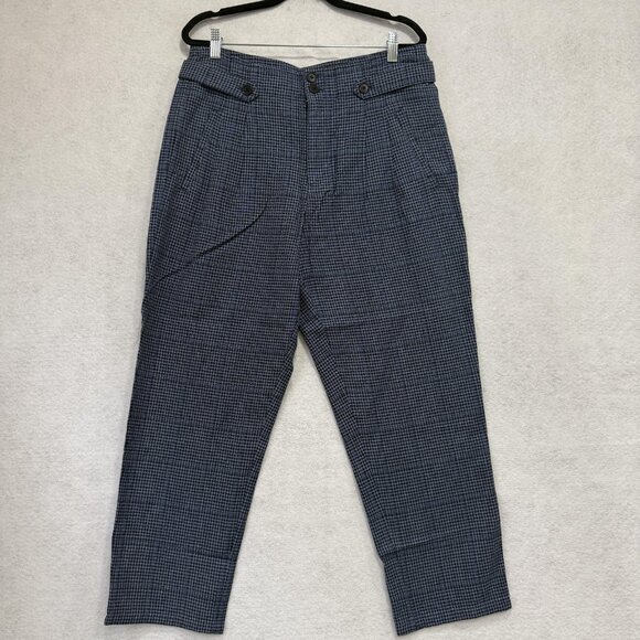 Sundance Pants Women 10 Gingham Blue Plaid Linen Blend Pleated High Rise Tapered - Picture 1 of 8